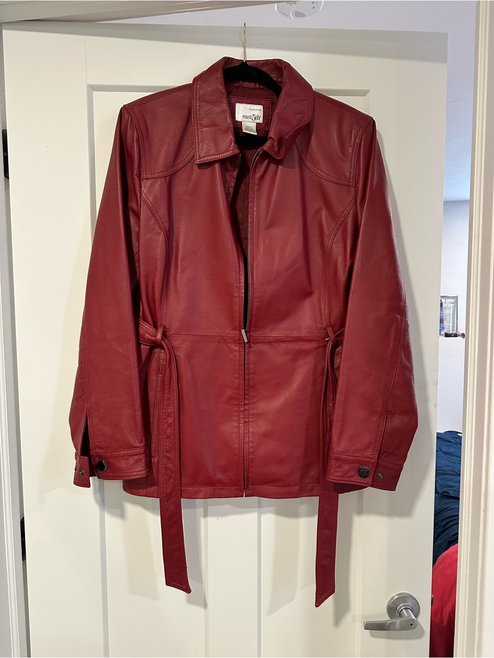 East 5th Women’s Deep Red Leather Zip Jacket with Tie Waist